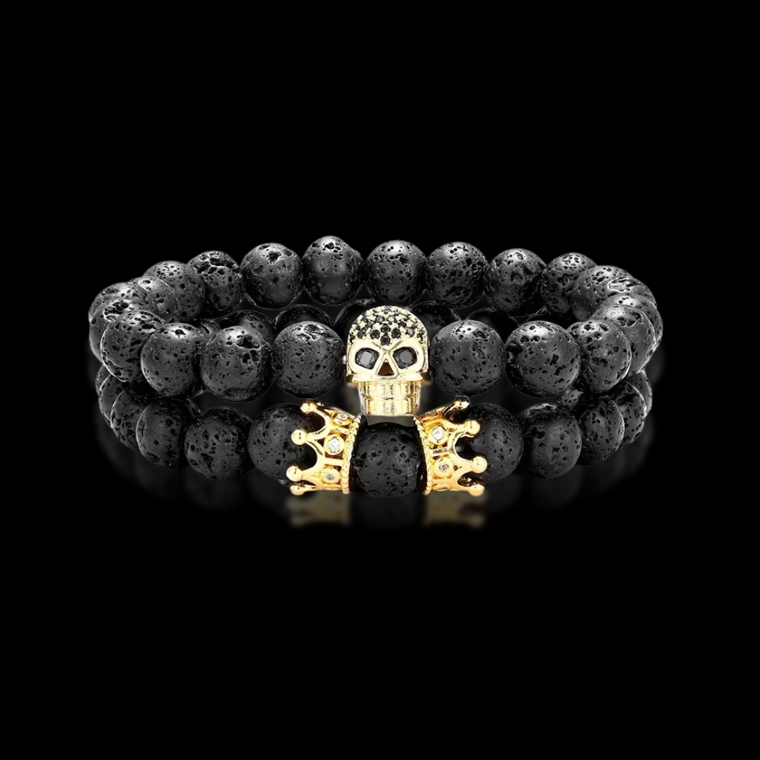 CROWN SKULL | LAVA STONE AND GOLD BRACELET