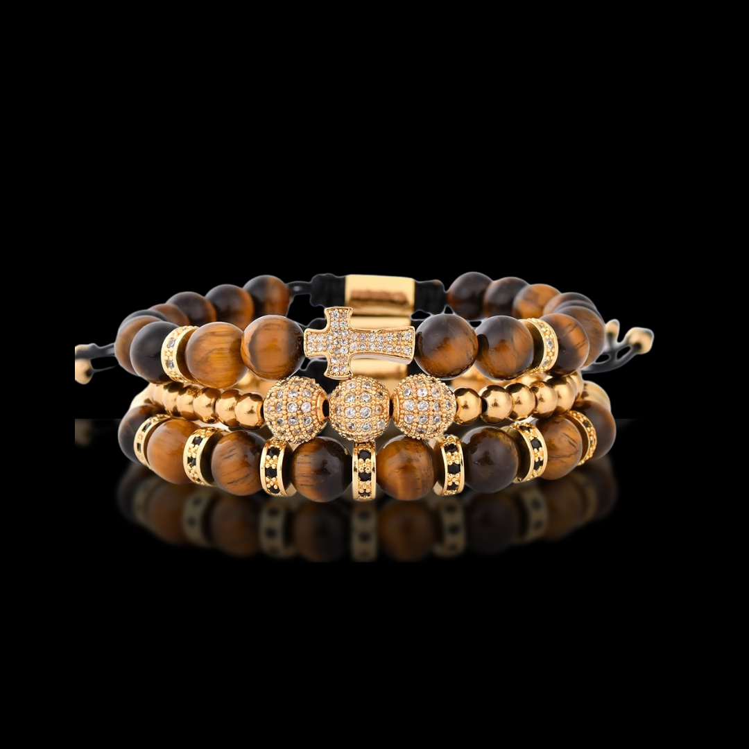 ZIRCON CROSS | TIGER EYE AND GOLD BRACELET